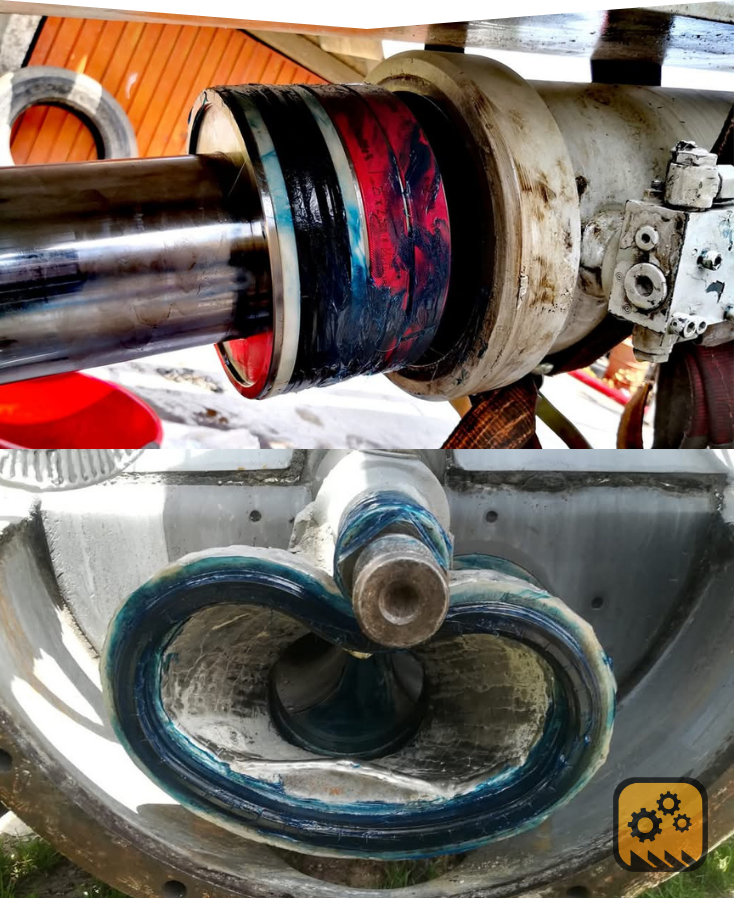 Cilindro hidráulico de una bomba pluma Schwing y valvula rock en proceso de reparación